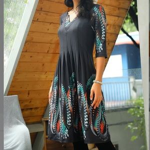 Charcoal & Aqua Floral Notch Neck Dress